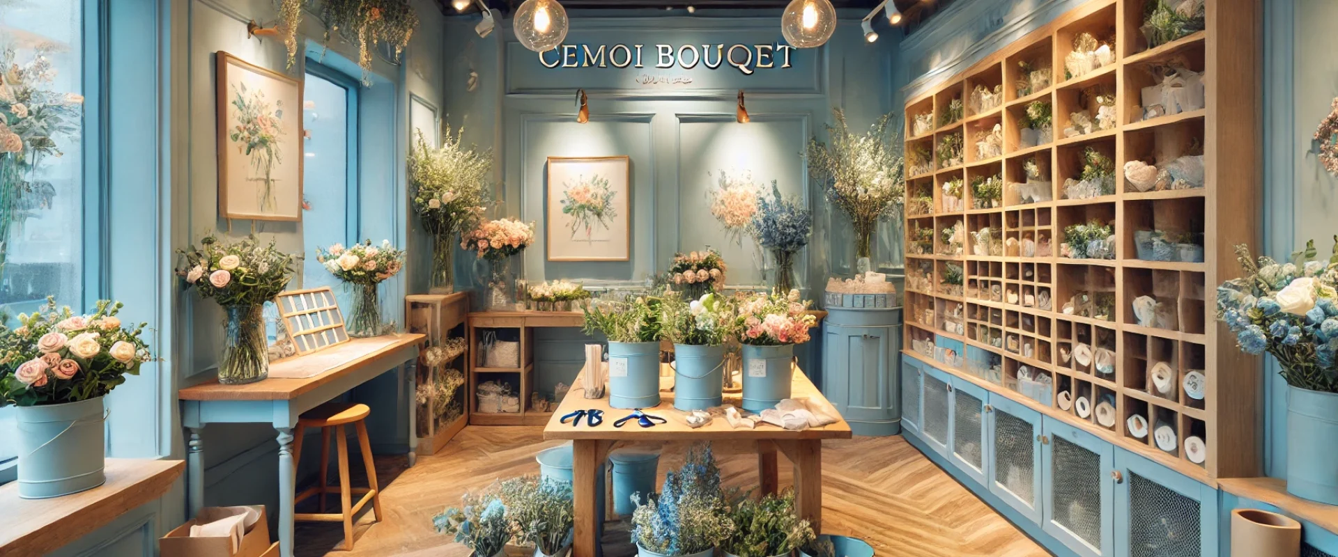 DALL·E 2024-11-07 23.55.42 - A cozy flower shop interior with a blue-themed color scheme. The shop, named 'Cemoi Bouquet,' has its name elegantly displayed on the wall or on a sig